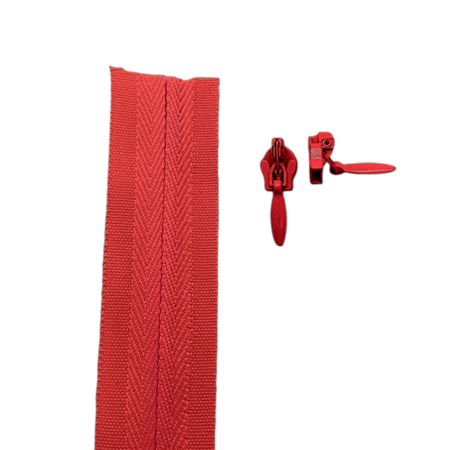red Invisible continuous zipper roll in long chain style with sliders of 2 per metre