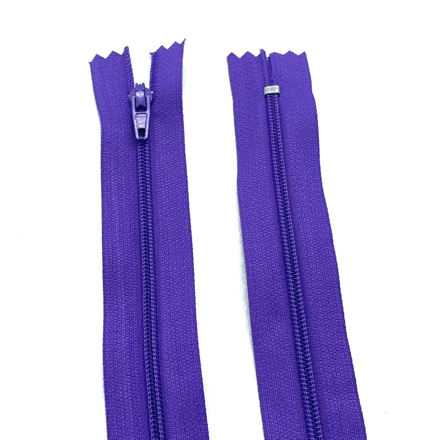 Photo of purple nylon zips available in 25 colors and 5 sizes. Excellent quality zippers for craft and dressmaking purposes. Perfect for dresses, skirts, trousers, bags, purses, cushions, and numerous other projects. So many possibilities, so little time!