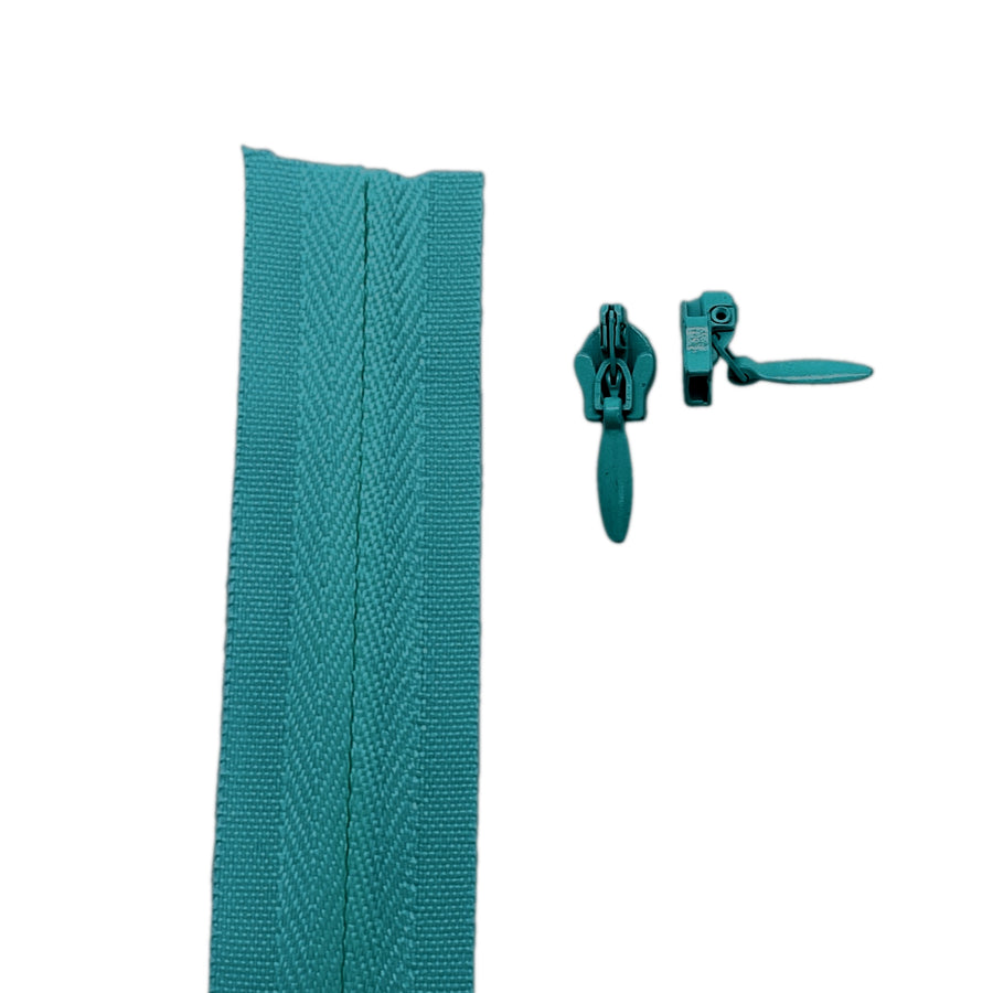 teal Invisible continuous zipper roll in long chain style with sliders of 2 per metre