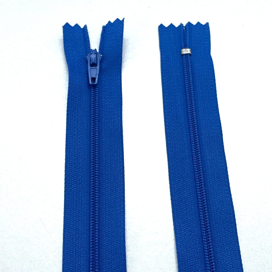 Photo of royal blue nylon zips available in 25 colors and 5 sizes. Excellent quality zippers for craft and dressmaking purposes. Perfect for dresses, skirts, trousers, bags, purses, cushions, and numerous other projects. So many possibilities, so little time!