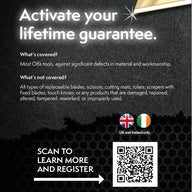 OLFA lifetime guarantee for Rotary cutters, conditions apple, scan to learn more and register
