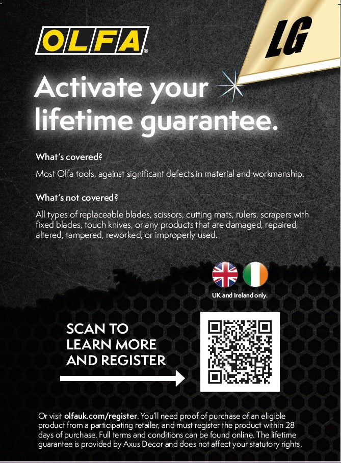 OLFA lifetime guarantee for Rotary cutters, conditions apple, scan to learn more and register