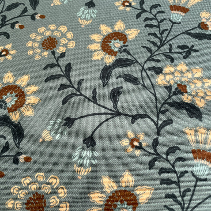 waterproof floral canvas fabric on a slate grey blue backgroun.  Pretty flowers that look embroidered on