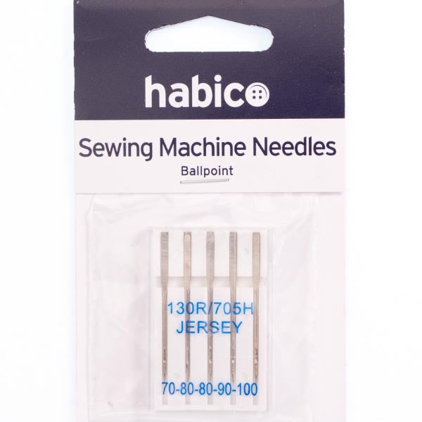 Habico branded sewing machine needles in the jersey ballpoint style in sizes 70-100
