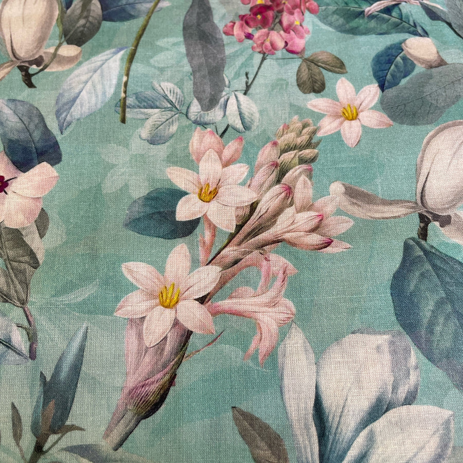 Luxurious aqua green Digital Cotton Lawn floral prints are lightweight and soft with beautiful drape – perfect for dresses, blouses, skirts and crafts. At a width of 135cm / 53" and a weight of 75gsm