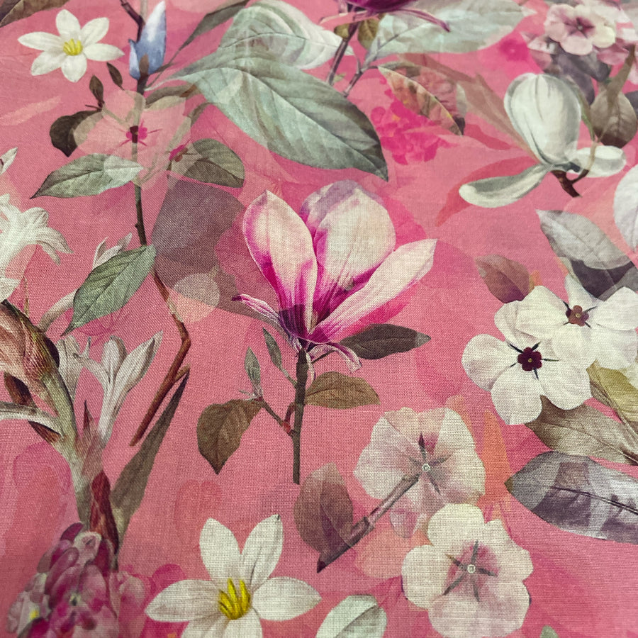 Luxurious rose pink  Digital Cotton Lawn floral prints are lightweight and soft with beautiful drape – perfect for dresses, blouses, skirts and crafts. At a width of 135cm / 53" and a weight of 75gsm