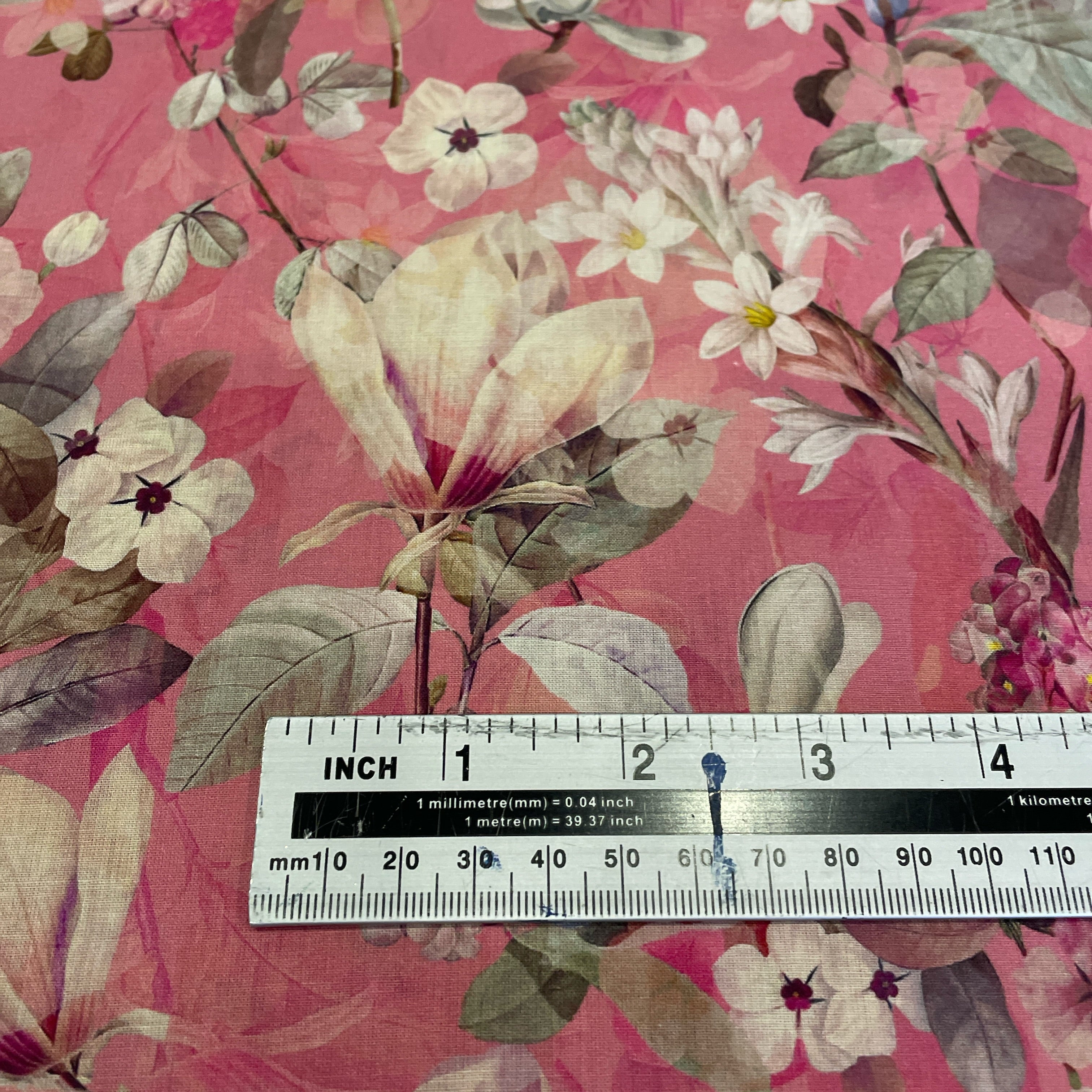 Luxurious rose pink Digital Cotton Lawn floral prints are lightweight and soft with beautiful drape – perfect for dresses, blouses, skirts and crafts. At a width of 135cm / 53" and a weight of 75gsm