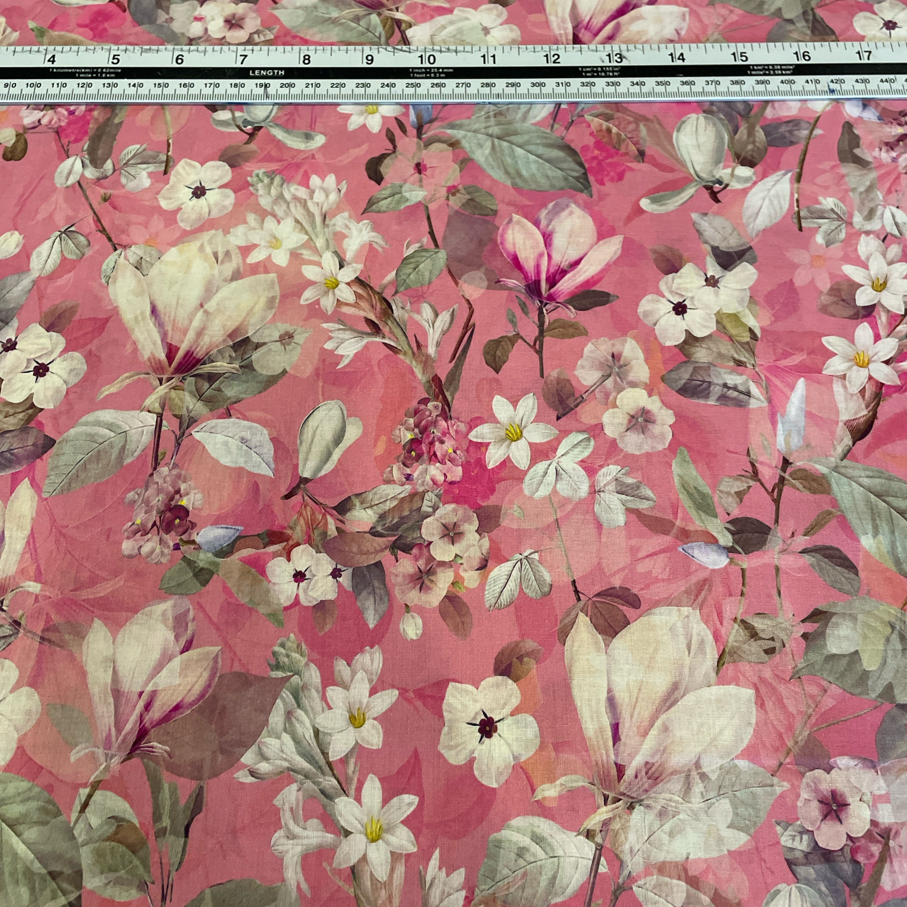 Luxurious rose pink Digital Cotton Lawn floral prints are lightweight and soft with beautiful drape – perfect for dresses, blouses, skirts and crafts. At a width of 135cm / 53" and a weight of 75gsm