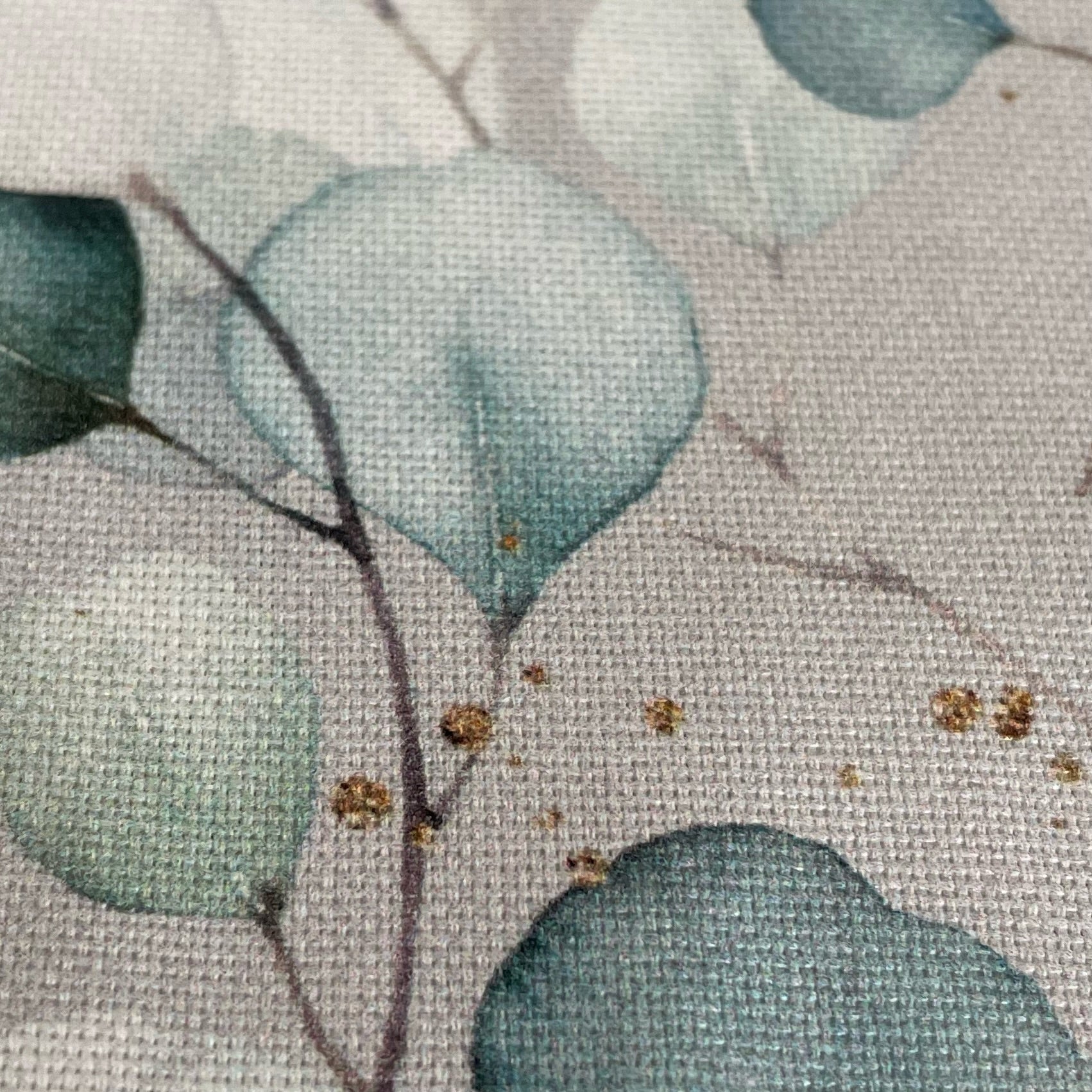 this stunning digitally printed 100% cotton&nbsp;eucalyptus leaves design on a light grey/silver background canvas &nbsp; It is a hardwearing Cotton woven canvas fabric, ideal for clothes, canvas bags, upholstery