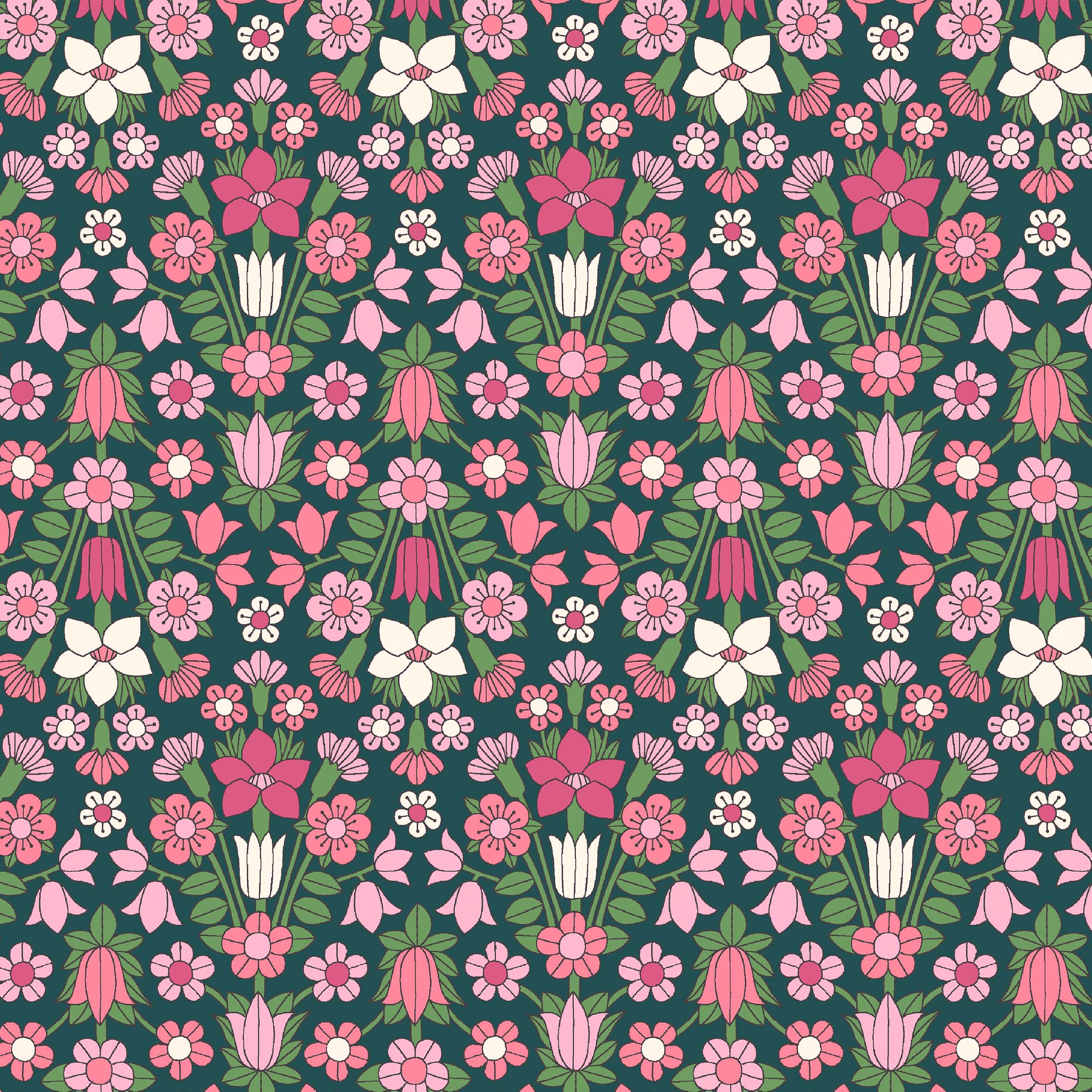 Liberty of London - Flower Show Midsummer Collection    Taking inspiration from quintessential Arts& Crafts motifs, Hampstead Meadow is arranged in a mirrored layout, featuring symmetrical and elegant stylised flowers.  Originally created for Liberty in 1964, this striking pattern has been redrawn and recoloured in a bold and playful palette.     These gorgeous fabrics are 112cm/44" and 100% cotton.   