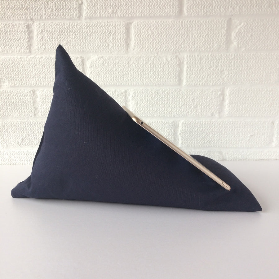 ipad or tablet bean bag holder with a navy drill canvas fabric