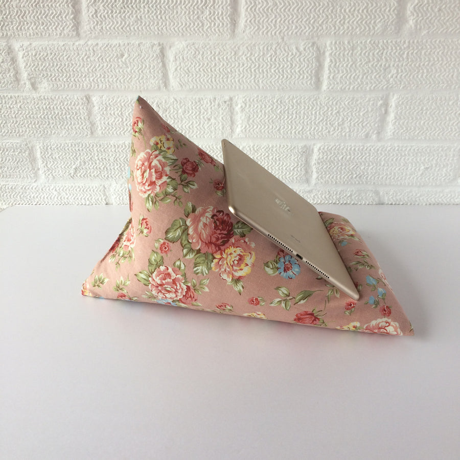 ipad or table holder in a pink floral pattern canvas fabric