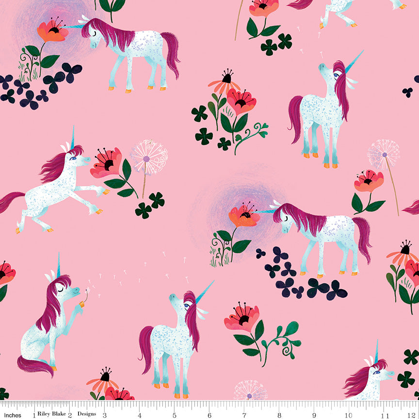 Riley Blake Unicorn fabric Light pink flowers and unicorns childrens fabric 