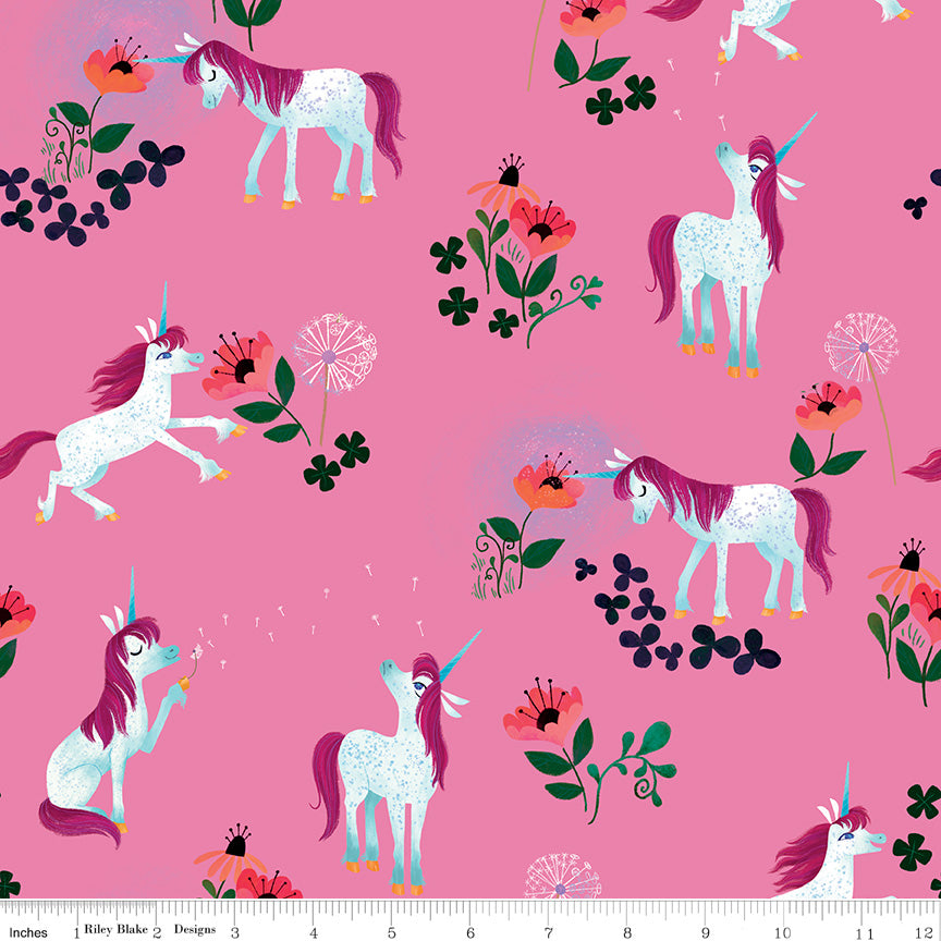 Riley Blake Unicorn fabric C9981 pink unicorns and flowers, ideal child dressmaking fabric