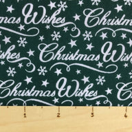 Green christmas poly cotton fabric with Christmas wishes printed 