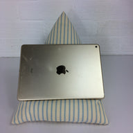 ipad or tablet bean bag holder with a light blue ticking canvas fabric