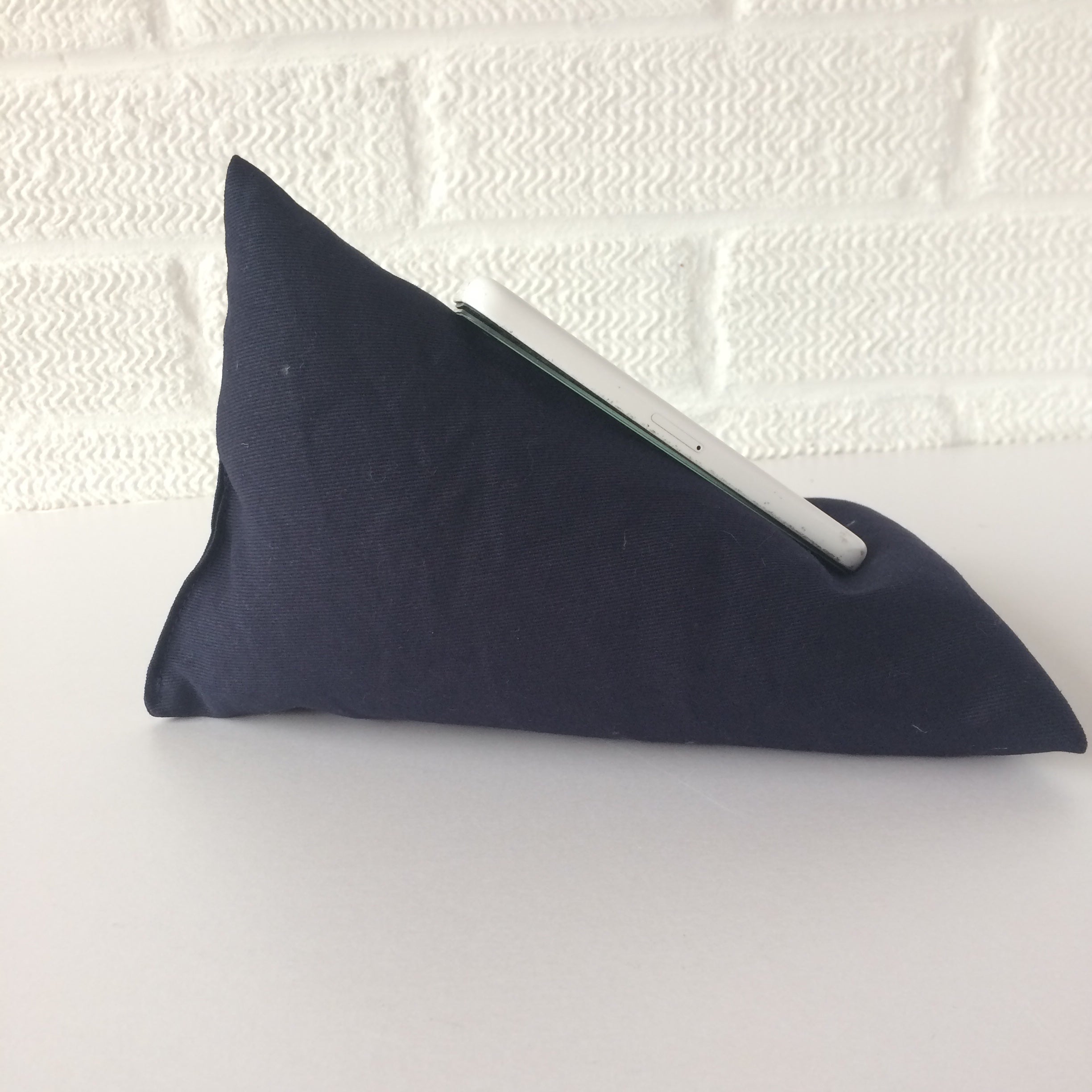 iphone or smart phone bean bag holder with a navy drill canvas fabric