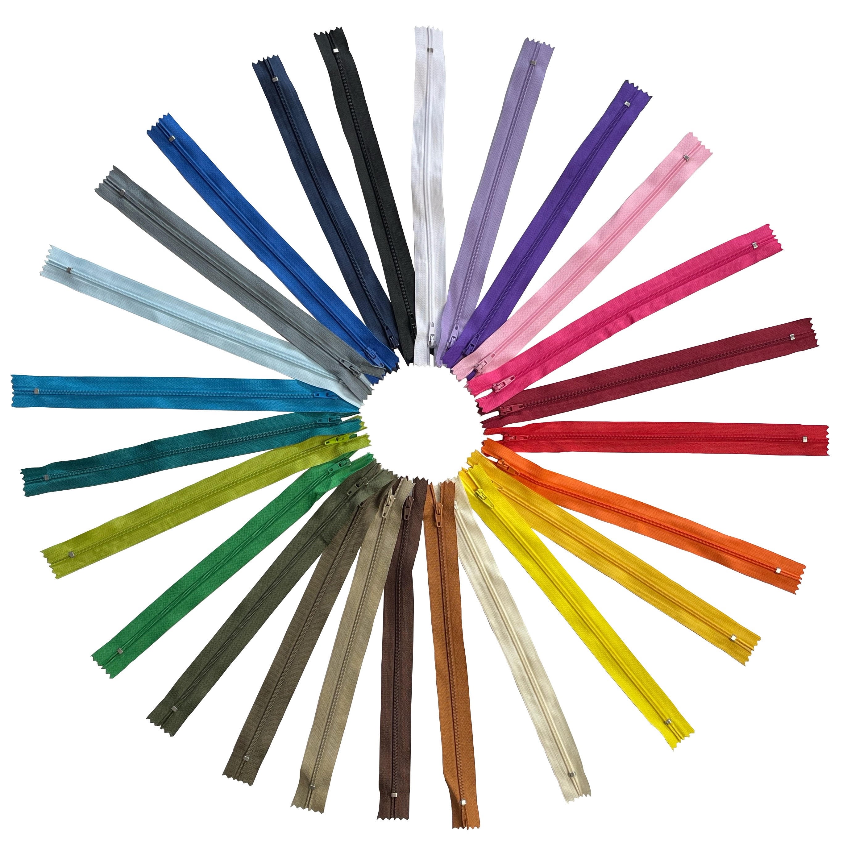 nylon zippers in the standard coil shown style in 25 colours and 5 sizes