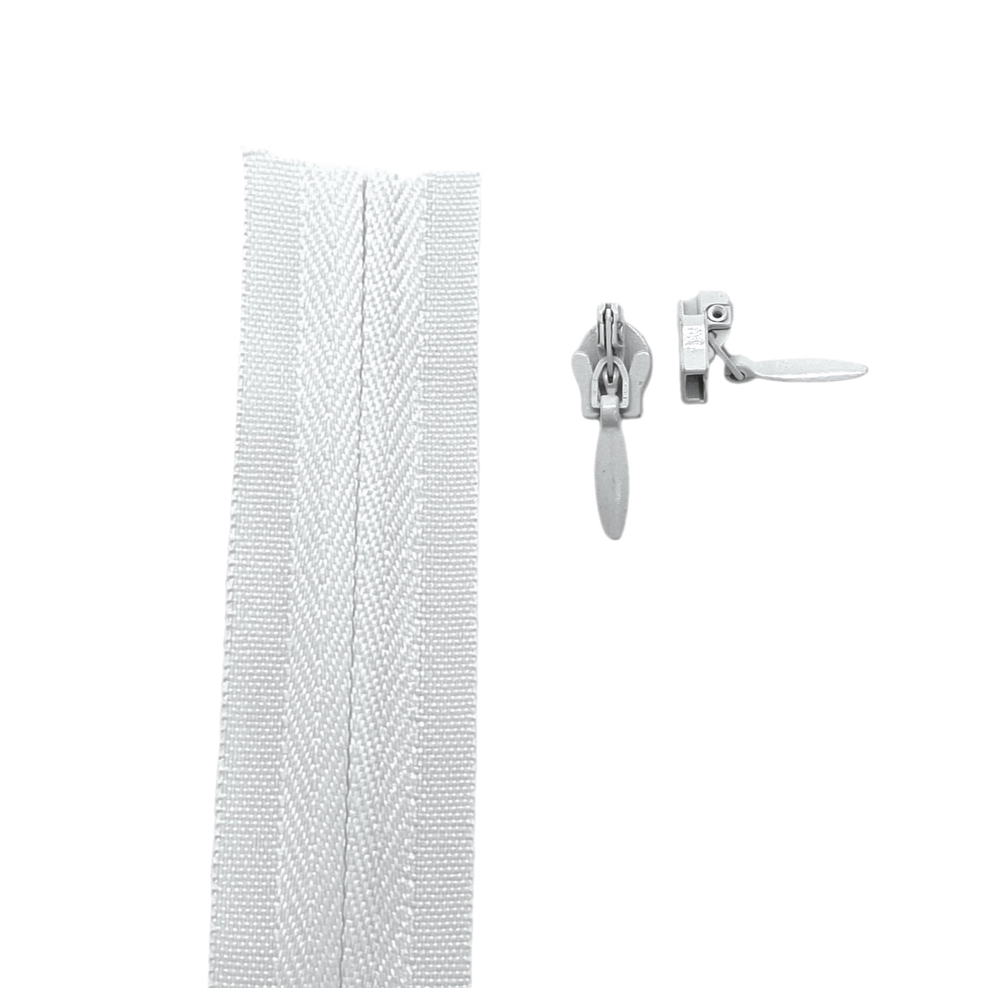 white Invisible continuous zipper roll in long chain style with sliders of 2 per metre