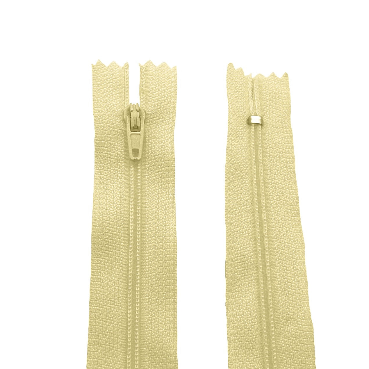 Photo of cream nylon zips available in 25 colors and 5 sizes. Excellent quality zippers for craft and dressmaking purposes. Perfect for dresses, skirts, trousers, bags, purses, cushions, and numerous other projects. So many possibilities, so little time!