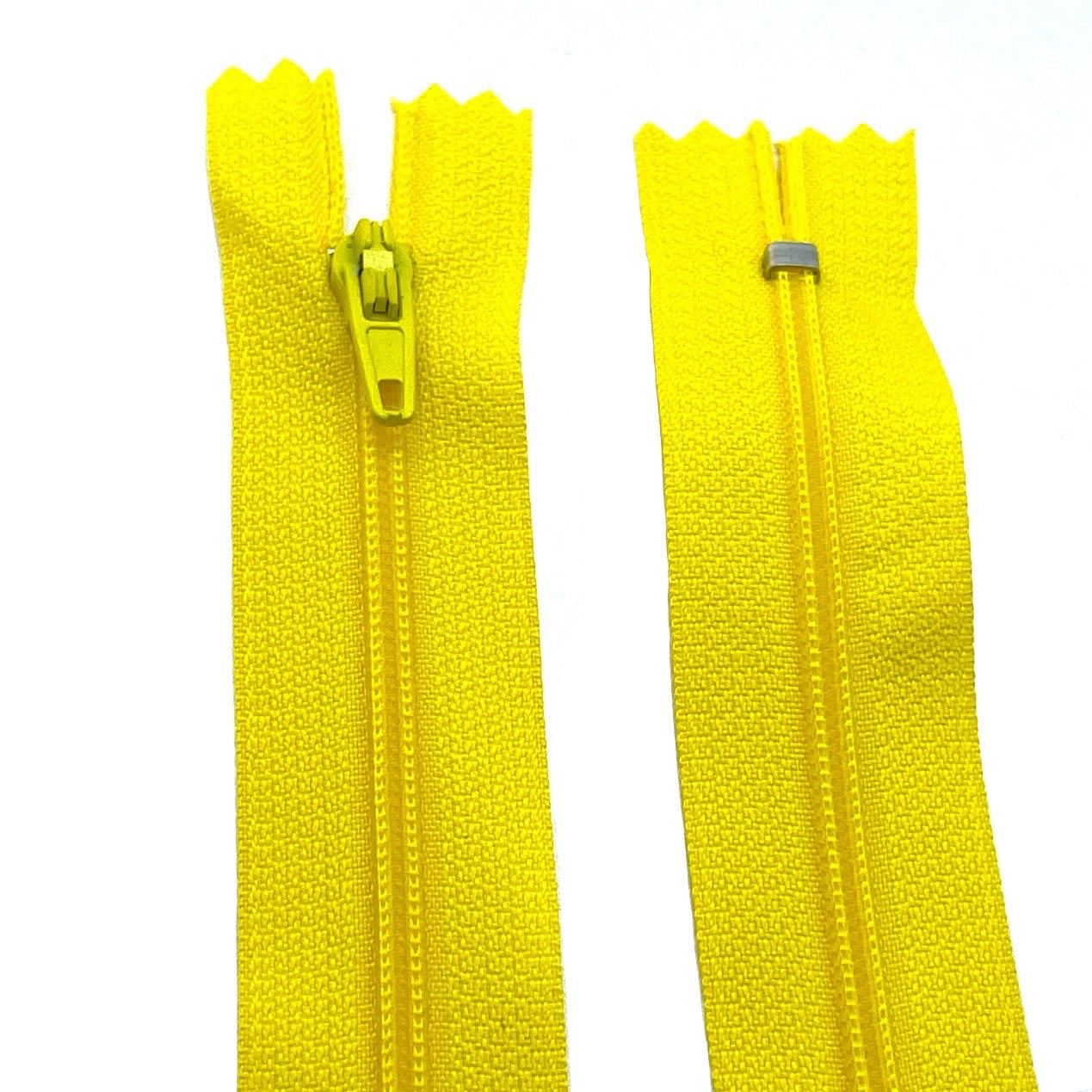 Photo of yellow nylon zips available in 25 colors and 5 sizes. Excellent quality zippers for craft and dressmaking purposes. Perfect for dresses, skirts, trousers, bags, purses, cushions, and numerous other projects. So many possibilities, so little time!
