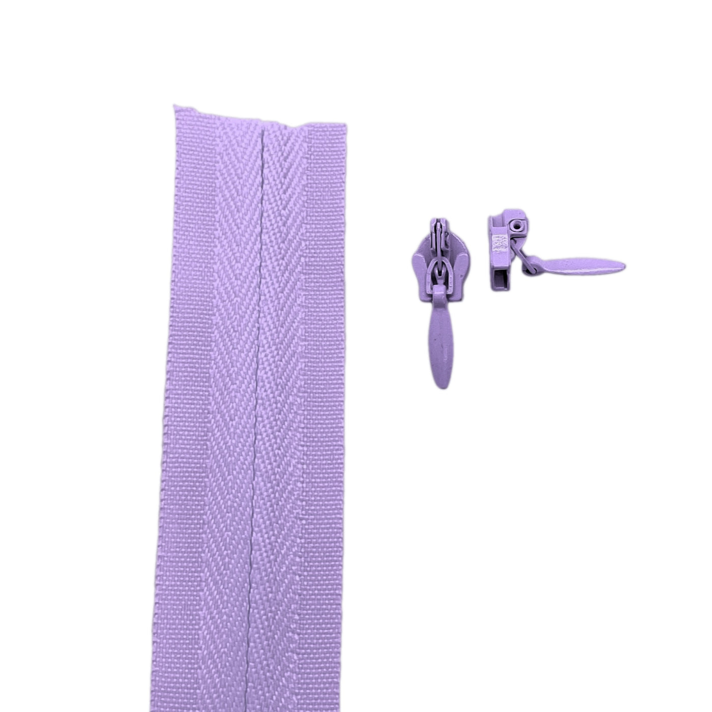 Lilac light purple Invisible continuous zipper roll in long chain style with sliders of 2 per metre