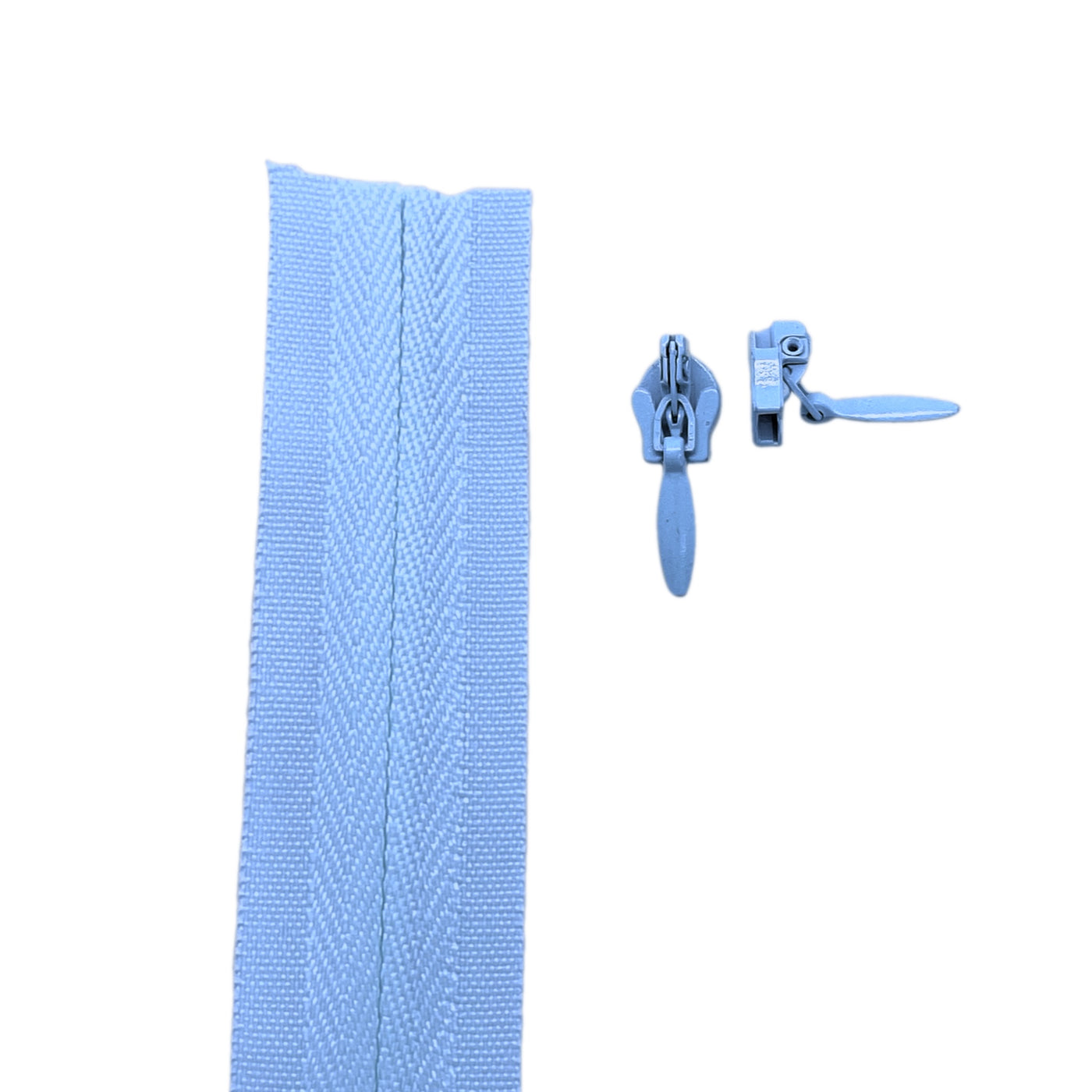 Mid blue Invisible continuous zipper roll in long chain style with sliders of 2 per metre