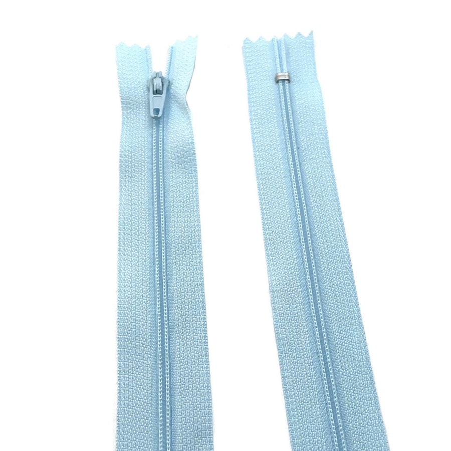 Photo of light blue nylon zips available in 25 colors and 5 sizes. Excellent quality zippers for craft and dressmaking purposes. Perfect for dresses, skirts, trousers, bags, purses, cushions, and numerous other projects. So many possibilities, so little time!