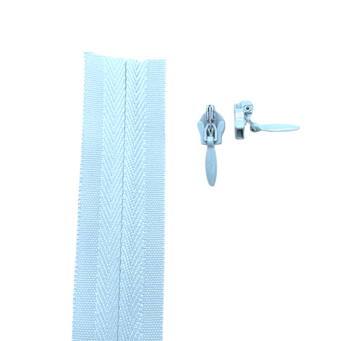 light blue Invisible continuous zipper roll in long chain style with sliders of 2 per metre