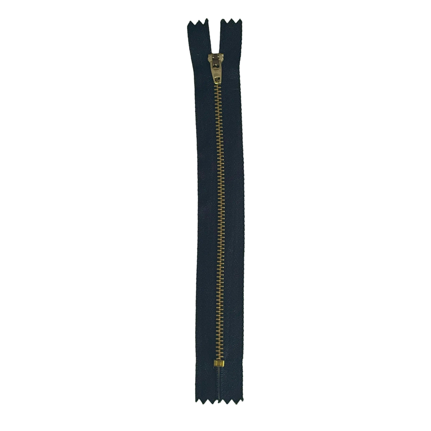 A single long zipper shown vertically on a plain white background, with dark navy fabric sides and a gold-toned metal pull tab and teeth.