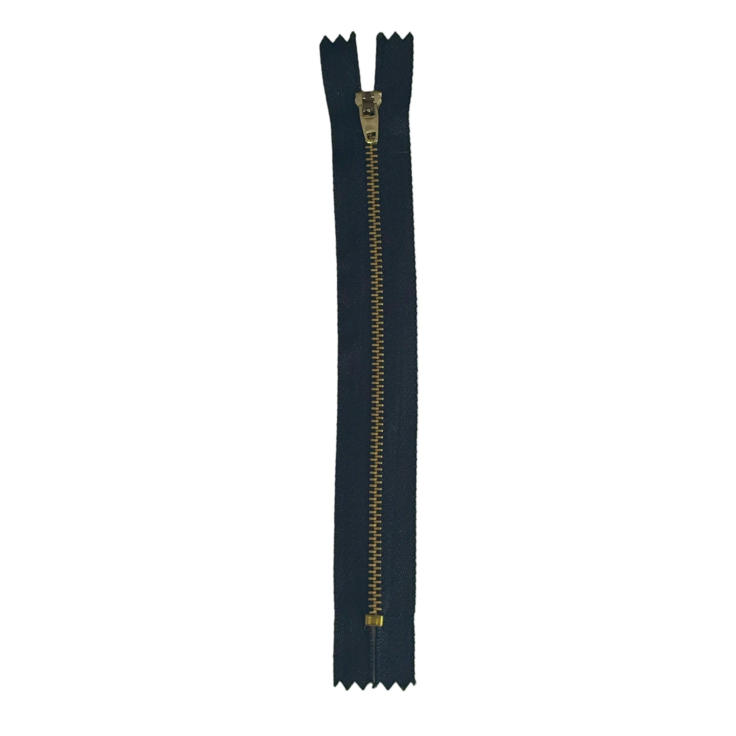 A single long zipper shown vertically on a plain white background, with dark navy fabric sides and a gold-toned metal pull tab and teeth.