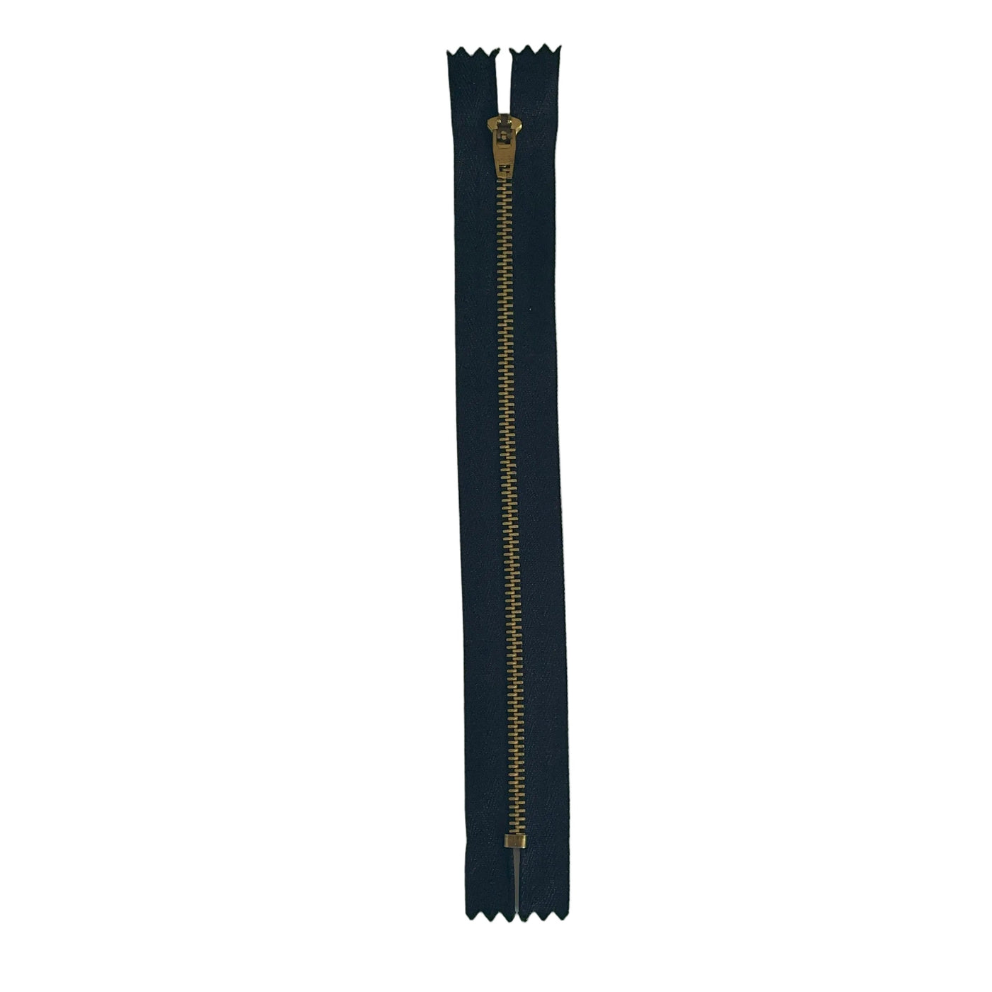 A single dark teal zipper with a gold-toned metal pull tab, shown vertically on a textured white paper background.