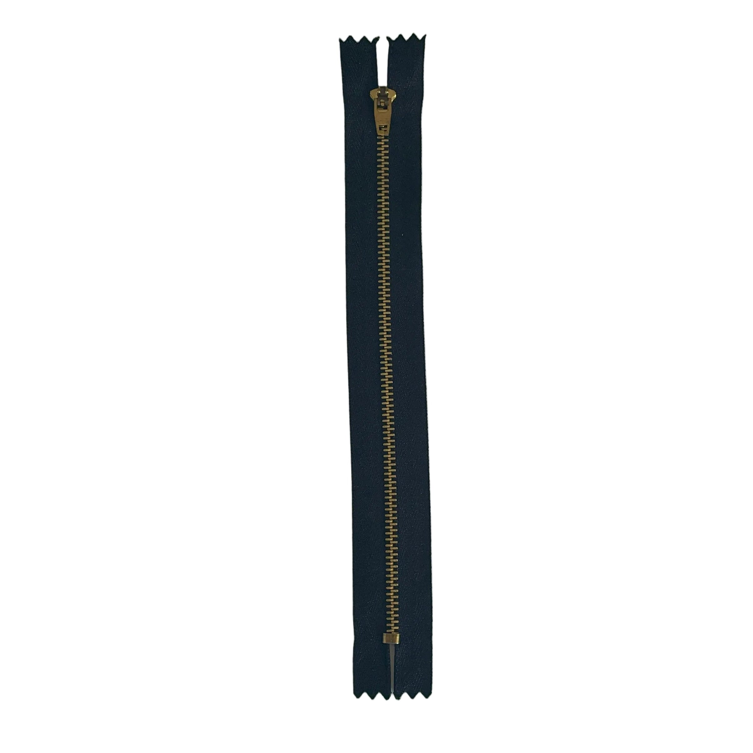 A single dark teal zipper with a gold-toned metal pull tab, shown vertically on a textured white paper background.