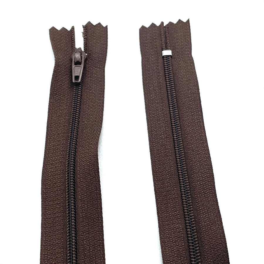 Photo of brown nylon zips available in 25 colors and 5 sizes. Excellent quality zippers for craft and dressmaking purposes. Perfect for dresses, skirts, trousers, bags, purses, cushions, and numerous other projects. So many possibilities, so little time!
