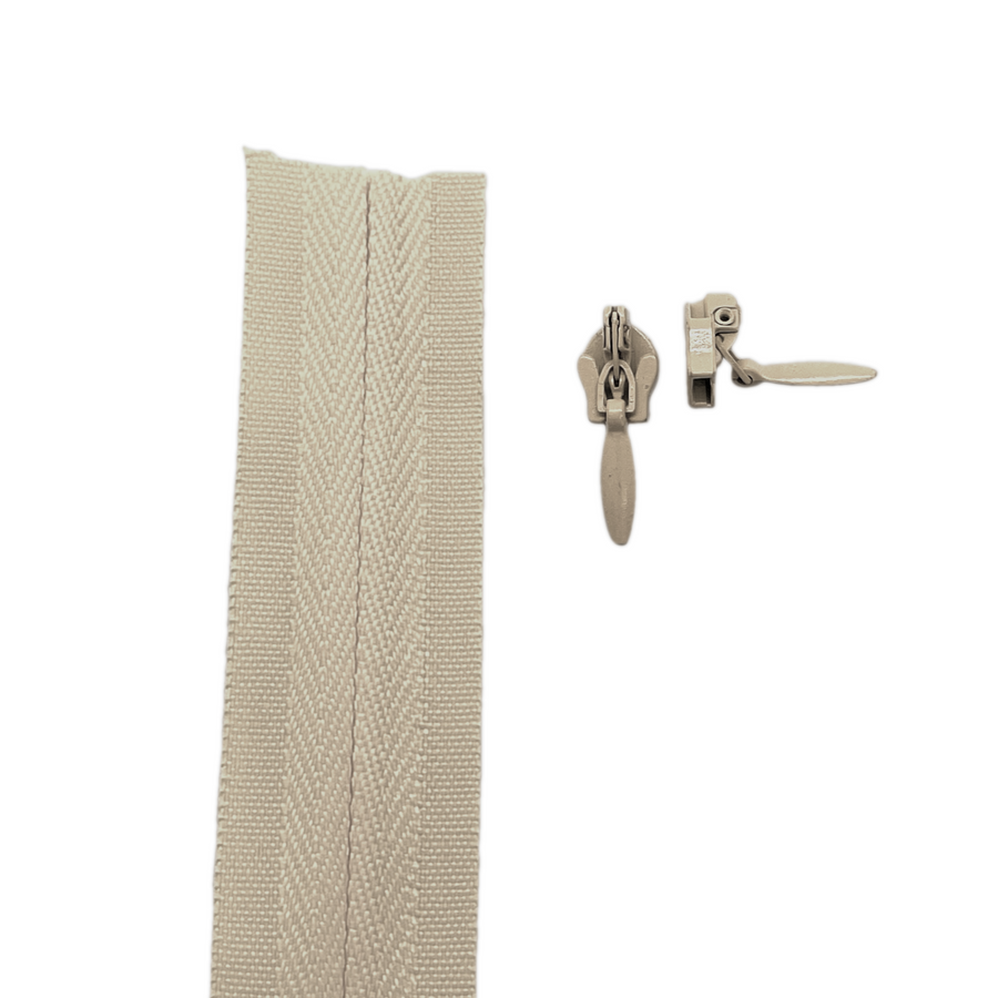 beige Invisible continuous zipper roll in long chain style with sliders of 2 per metre