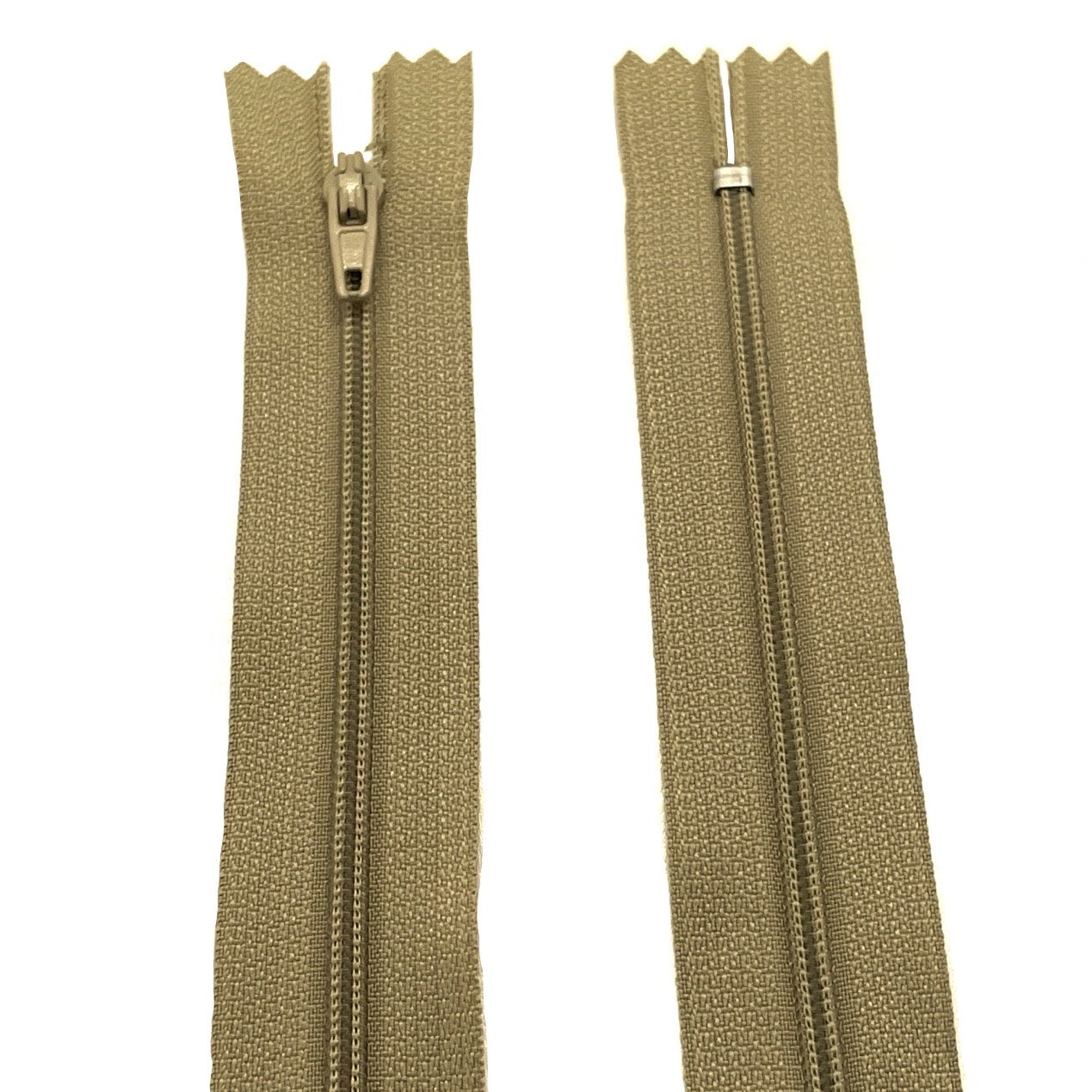 Photo of beige nylon zips available in 25 colors and 5 sizes. Excellent quality zippers for craft and dressmaking purposes. Perfect for dresses, skirts, trousers, bags, purses, cushions, and numerous other projects. So many possibilities, so little time!