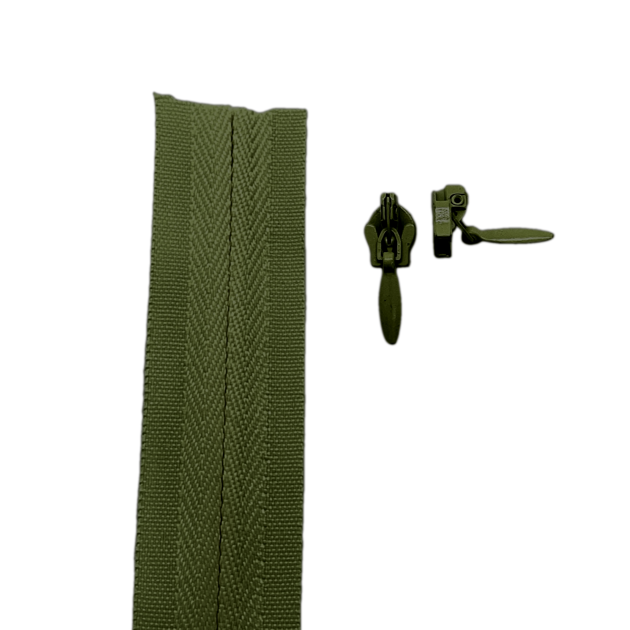 olive green Invisible continuous zipper roll in long chain style with sliders of 2 per metre