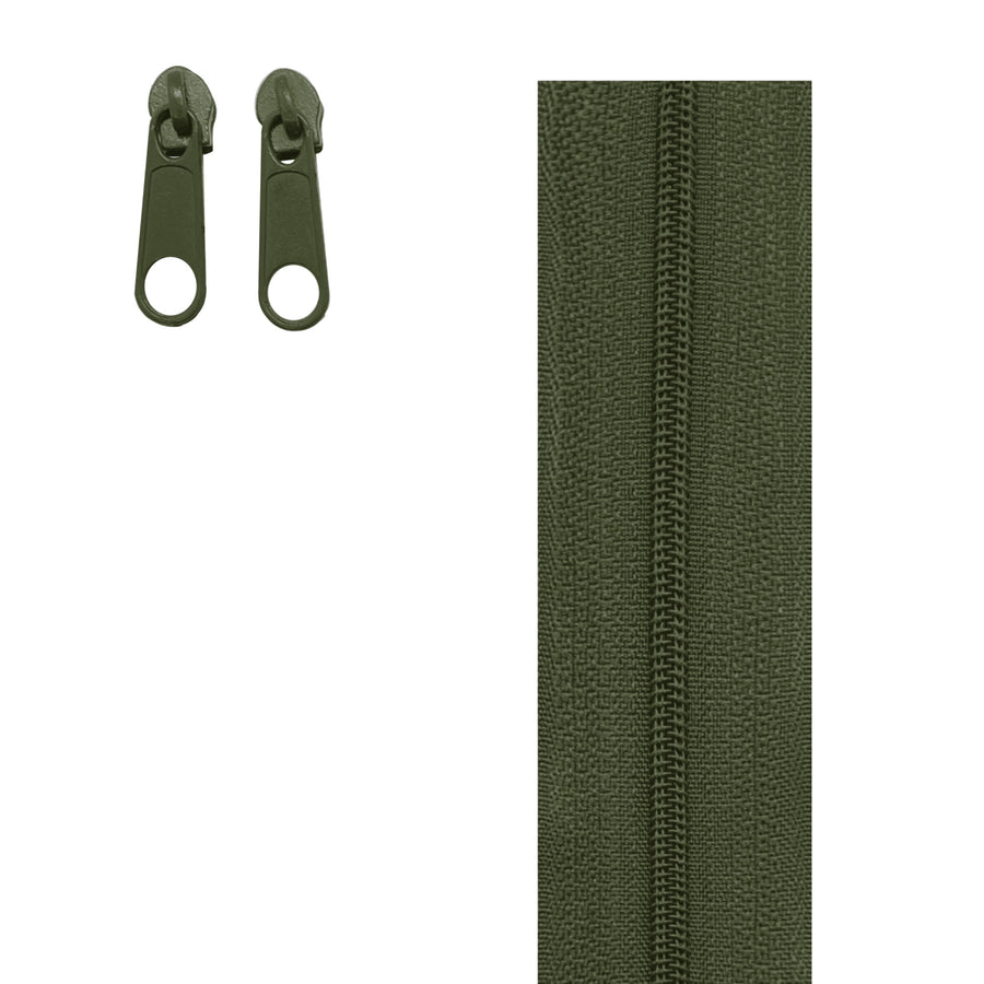olive green  continuous zipper in the standard style with teeth coil exposed.