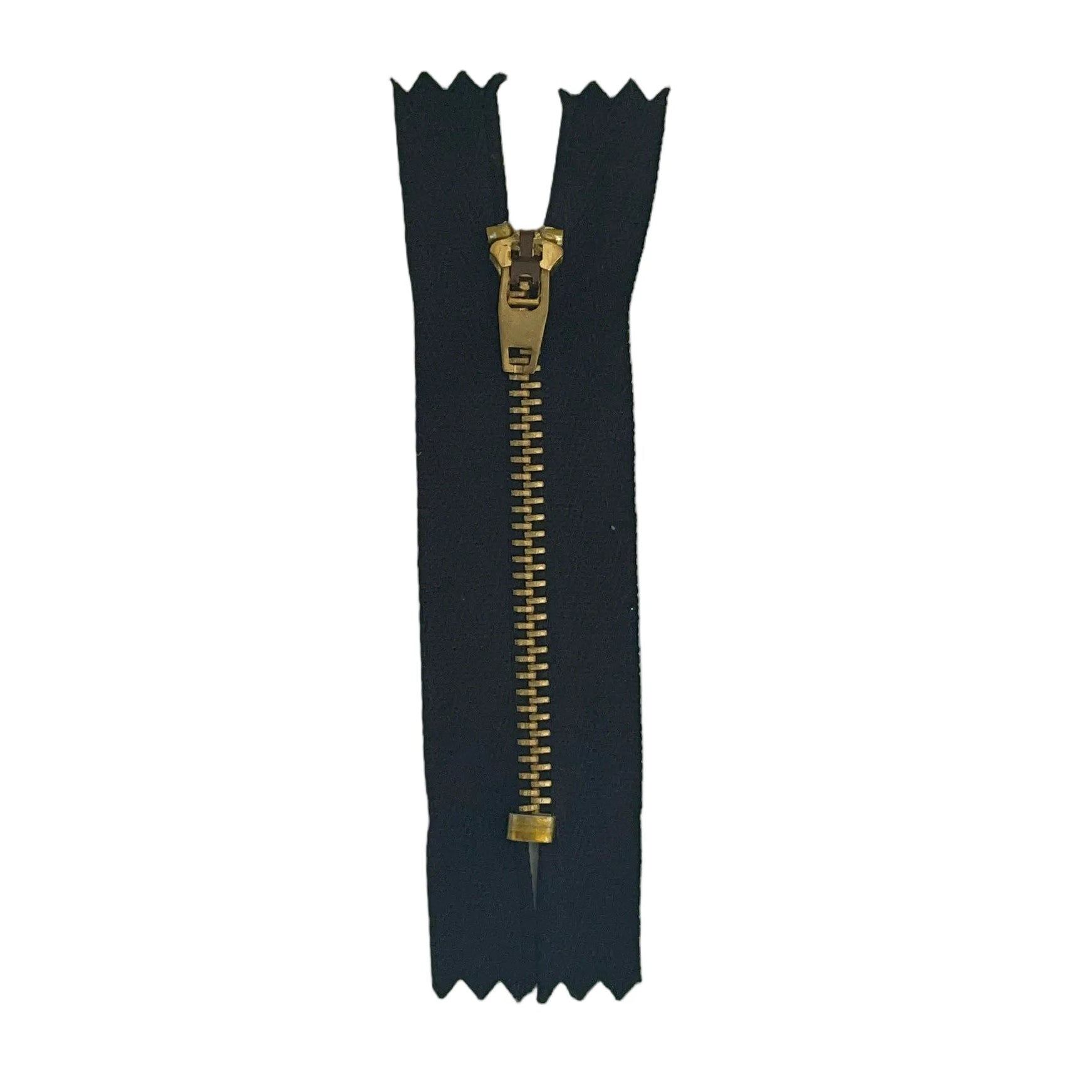 A single black jean zipper with a gold-tone metal pull tab