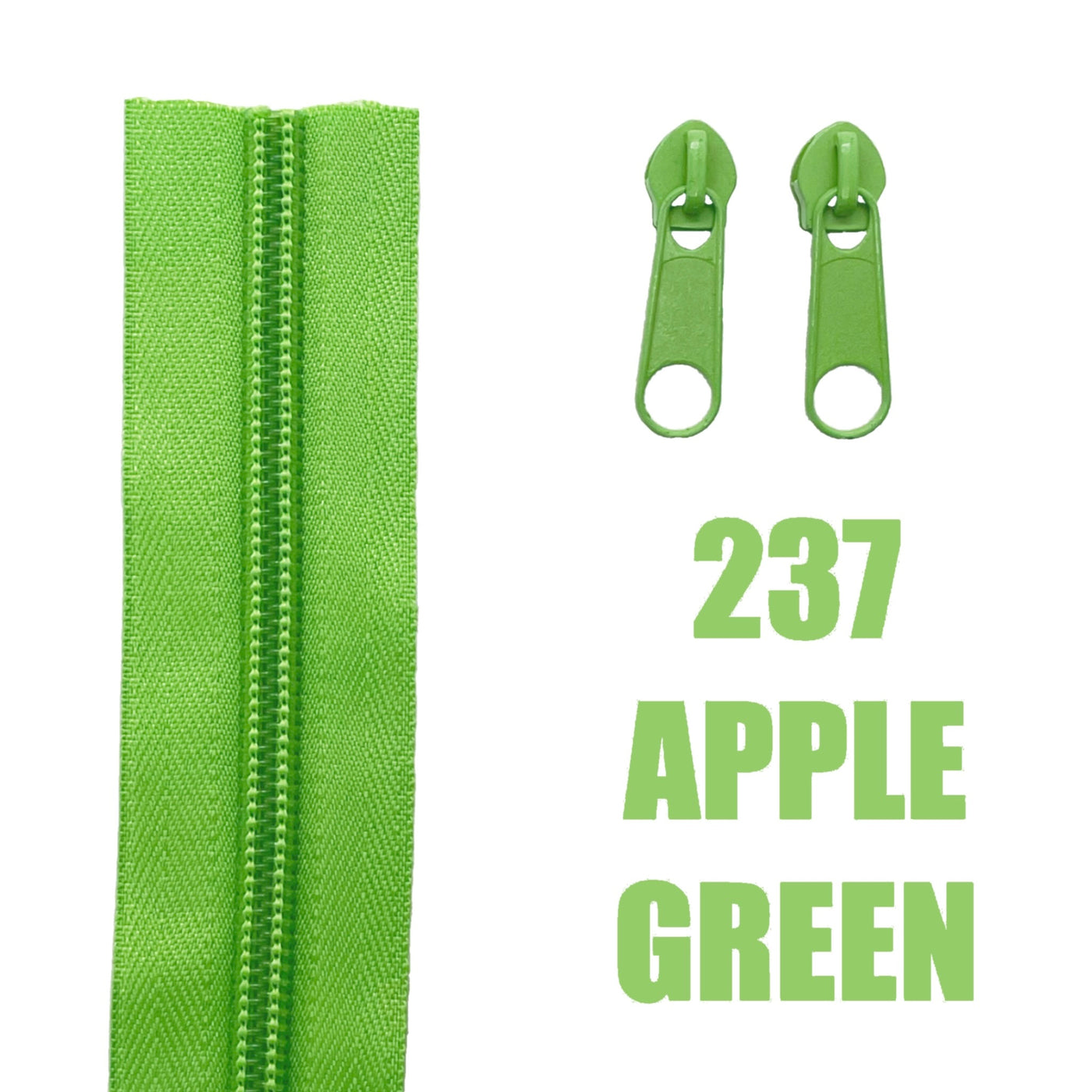 A bright apple green zipper shown vertically on the left, with two matching green zipper pulls on the right and large text reading '237 APPLE GREEN' on a white background.