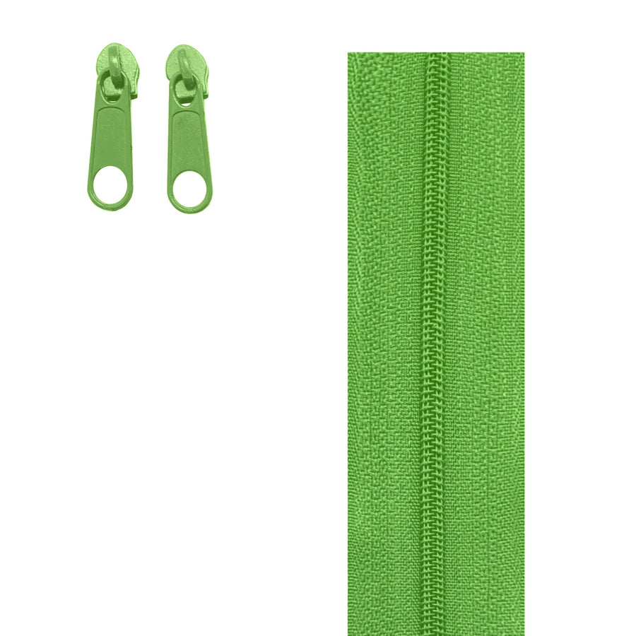 Bright green zipper shown with two matching zipper pulls on a plain white background.