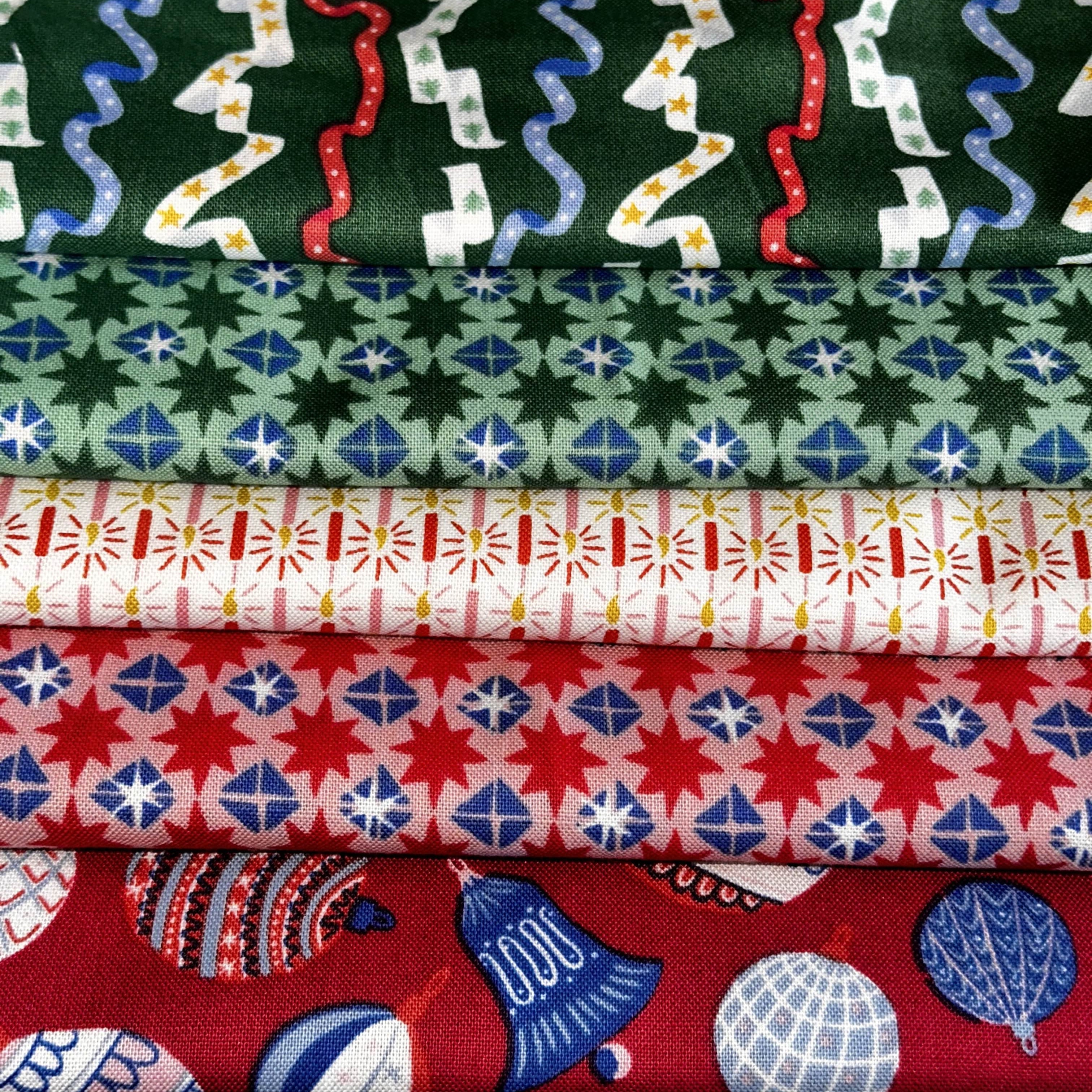 5 Christmas Liberty of London quilting fabric fat quarters in a bundle, red and green festive colours