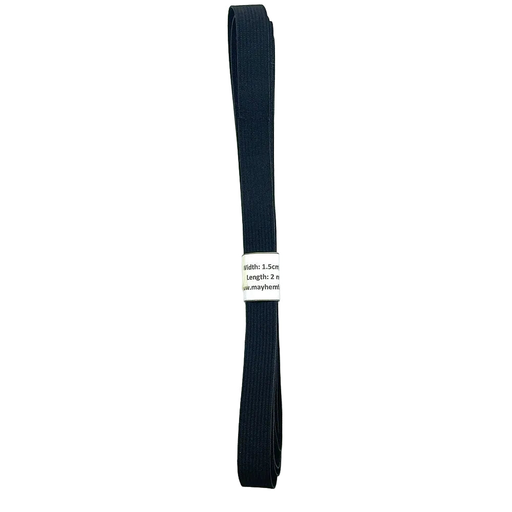 Black woven elastic 1.5cm or 5/8" size showing a 2 metre banded pack