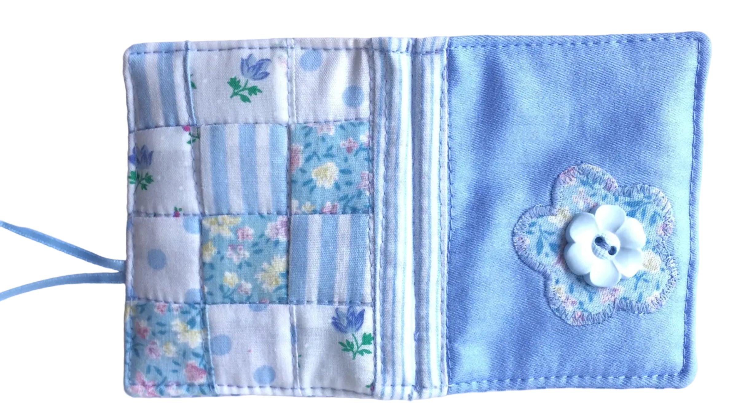 Handmade patchwork needle case with button closure sewing accessory