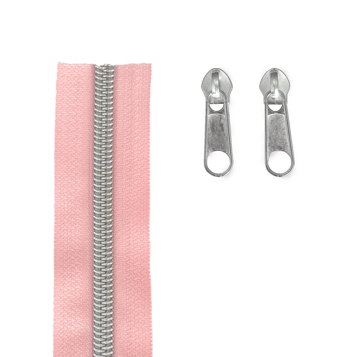 A light pink zipper shown vertically on the left, with two silver metal zipper pulls on the right, isolated on a white background.