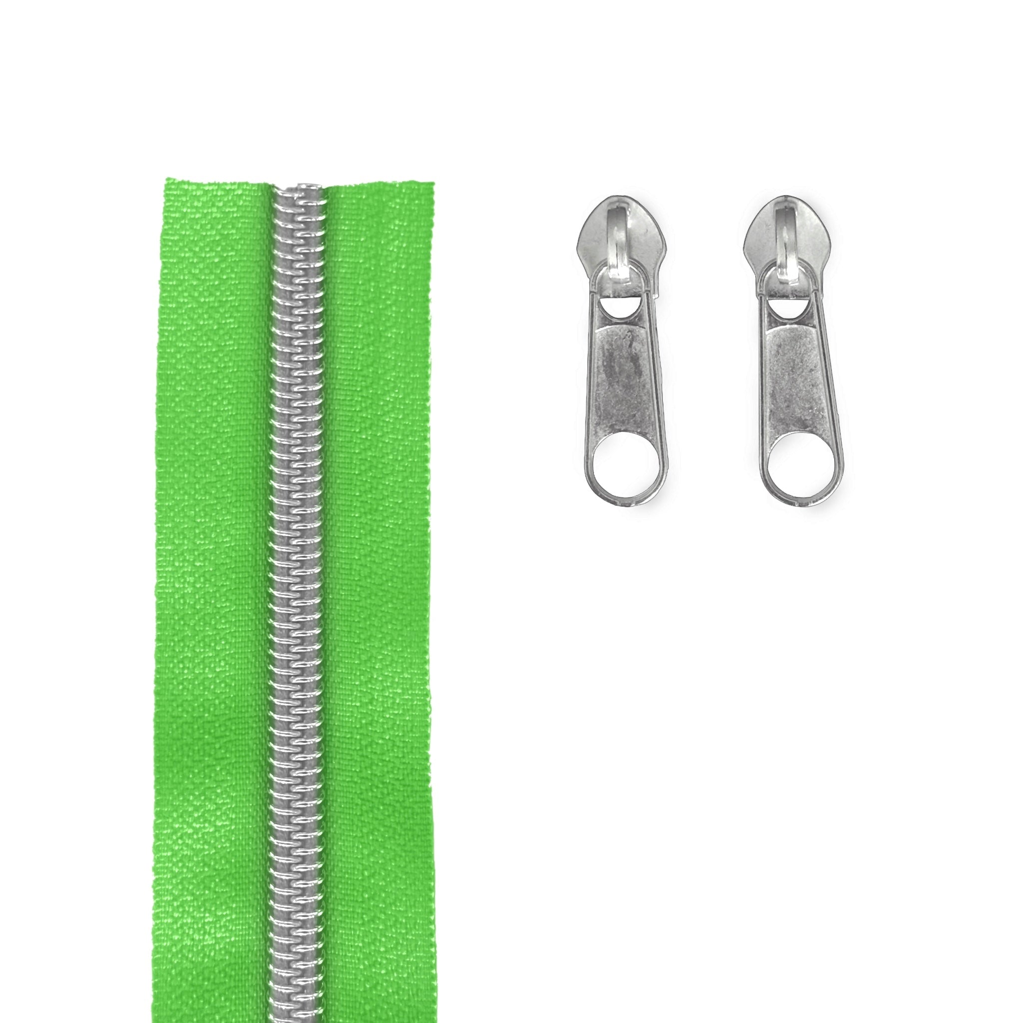 A bright green zipper shown vertically on the left, with two silver metal zipper pulls on the right, isolated on a white background.