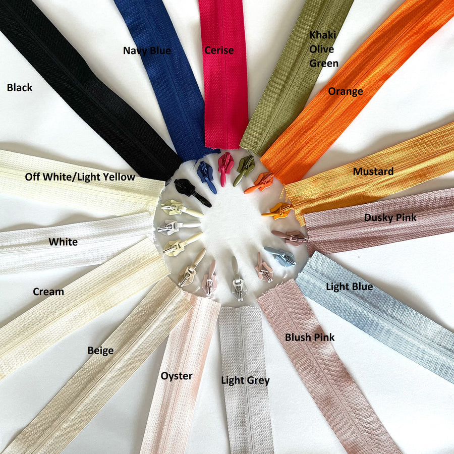 Size 5 heavy duty invisible continuous zipper tape in multiple colours with matching sliders