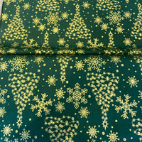 green cotton fabric with printed golden christmas trees and snowflakes
