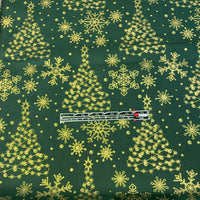 Green cotton with a printed golden christmas trees and snowlakes