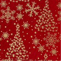 Red cotton fabric with golden Christmas trees and snowflakes